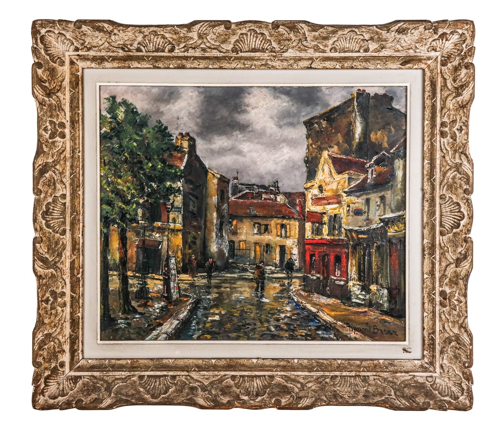 Raymond BESSE Paris Street Scene Oil on Canvas: Raymond Besse (French, 1899-1969) Paris Street Scene, signed lower right Raymond Besse, marked on verso canvas "Place du Tertre, Montmartre" and label "Paris du Tertre by R Bess", oil on canvas [Art:
