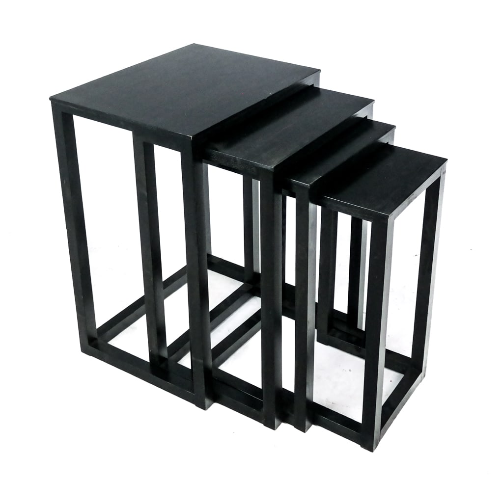 Scene Two Black Oak Nesting Tables, 4: Scene Two black oak four nesting tables, label verso. [27.75" H x 16" W x 20" D]. Overall condition is good, used with scratches and wear.