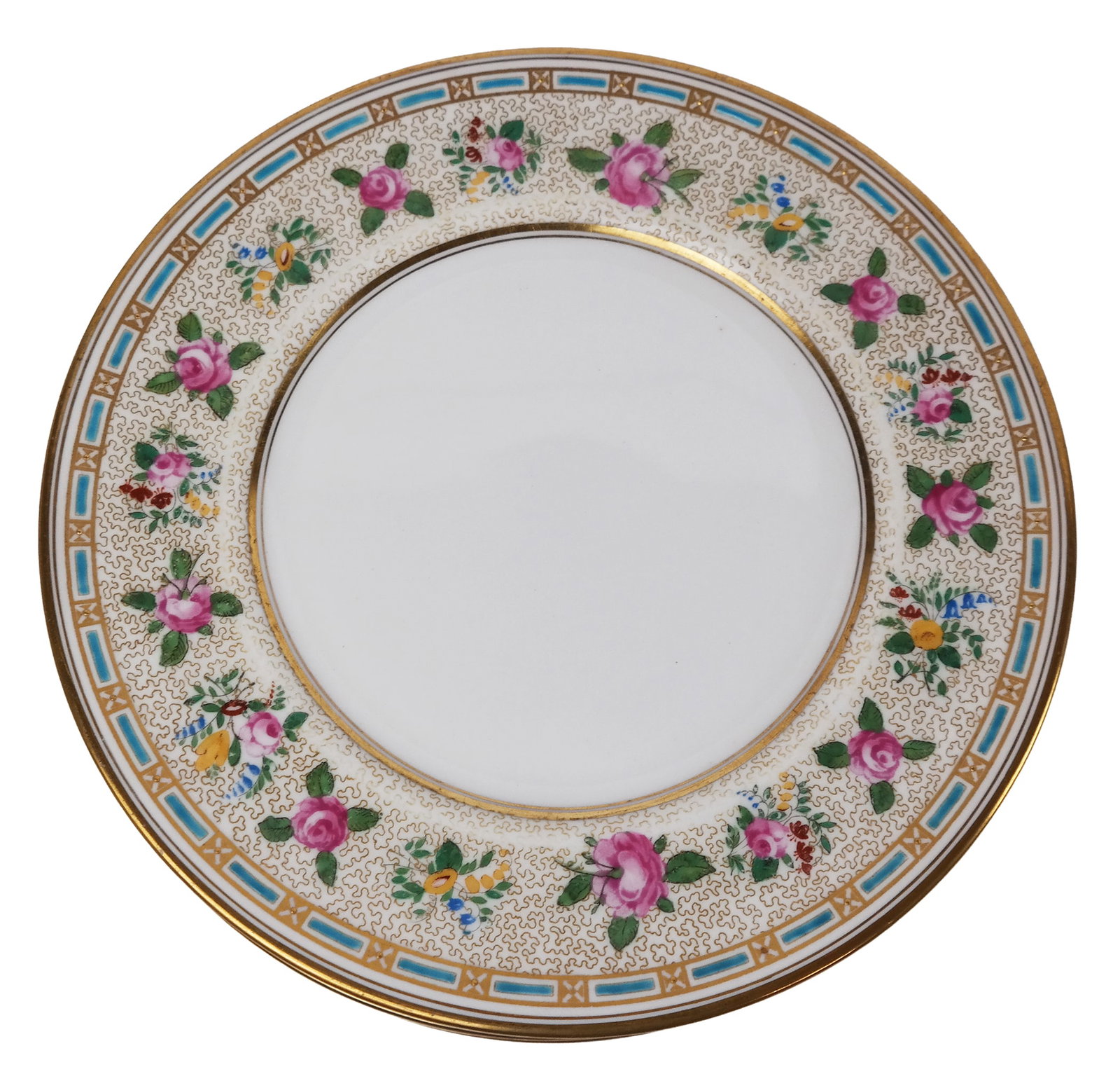 Royal Doulton Rose Decorated Luncheon Plates, 8: Royal Doulton 8 rose decorated luncheon plates, English, 1901-1922, marks to base. [9" Diameter]. Overall condition is good. Property from the Estate of Sylvia Andree Dresner.