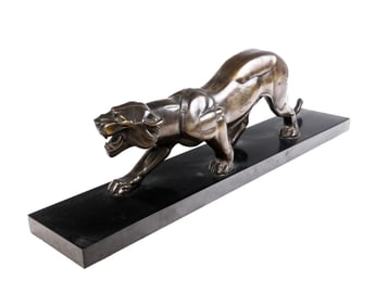Art Deco Bronze of a Tiger on Black Marble