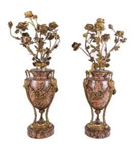 Pair of Louis XV Bronze Dore and Marble Candelabra