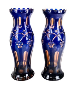 Pair Palatial Bohemian Cut to Clear Crystal Vases