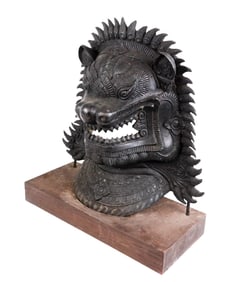 Large Thai Bronze Singha Lion Mask on Stand
