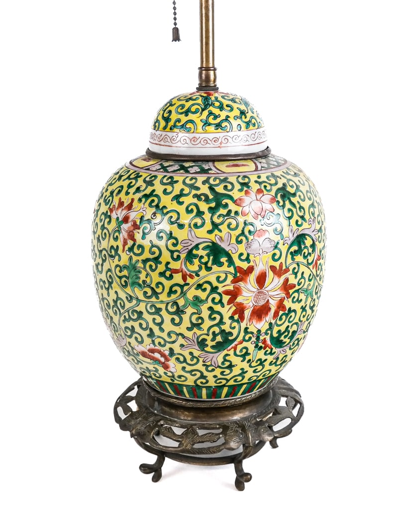 Chinese Qing Famille Jaune Ginger Jar as a Lamp: Chinese Qing Dynasty Famille Jaune ginger jar, 19th century, mounted as a lamp with floral and foliate decoration to body and mounted on a gilt metal base. [To lid of jar, including stand: 14.5" H x 7