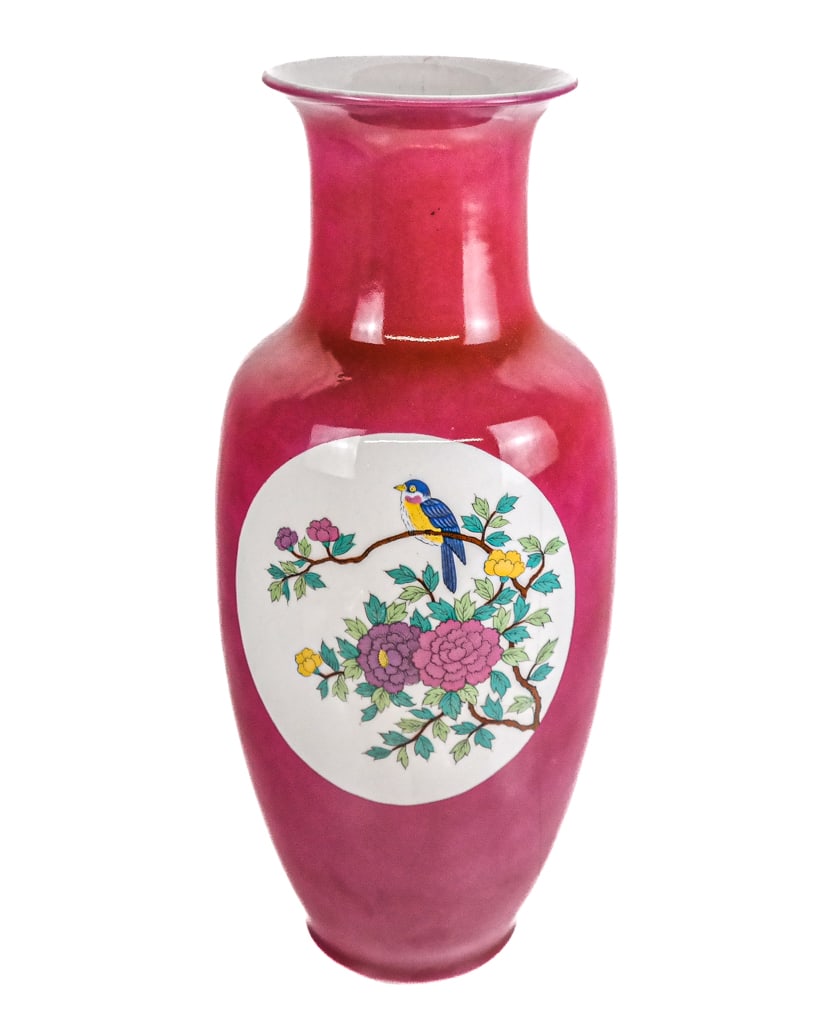 Chinese Ruby Ground Baluster Vase: Chinese export ruby ground baluster vase, 20th century, with hand-decorated bird and floral design to each side, unmarked. [16.25" H x 7" Diameter]. Condition is good with a crack.