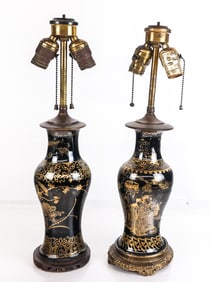 Two Chinese Mirror Black and Gilt Vases as Lamps