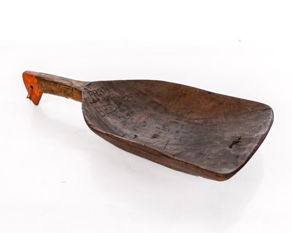 Antique Canadian Folk Art Hand-Carved Coal Shovel: Antique Canadian Folk Art hand-carved and hand-hallowed coal shovel, 19th century, marked Frank W. Bedard, Ottawa Canada, with a partially painted handle and later strung for wall-mounting. [16" H x 7