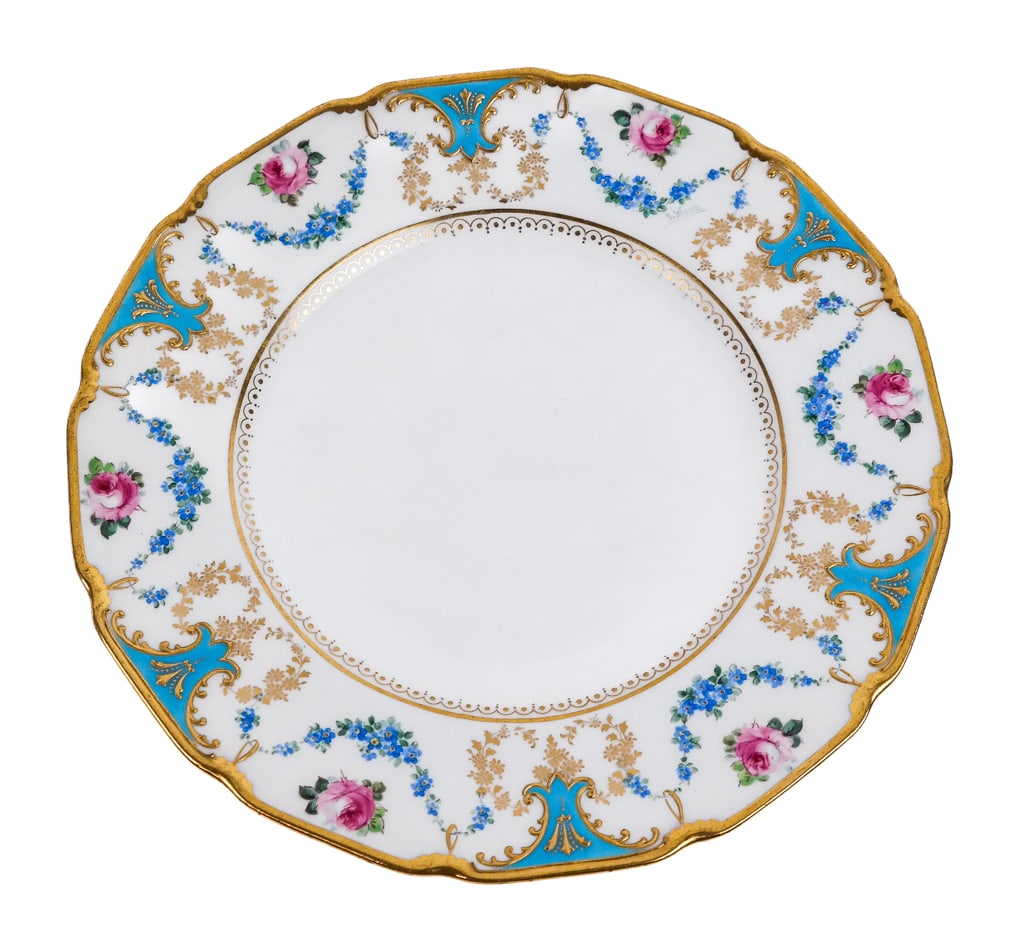 Royal Doulton Porcealin Dessert Plates, 12: Royal Doulton for Baily, Banks & Biddle 12 rose decorated luncheon plates, English, 20th century, accented with swags of blue flowers, turquoise and gilt decoration. [9" Diameter], Overall condition i