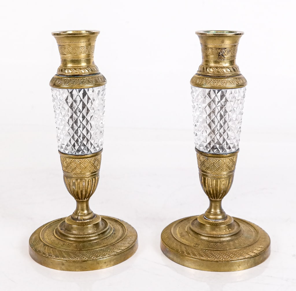 Pair of Empire Gilt Bronze & Crystal Candlesticks (1 of 9)