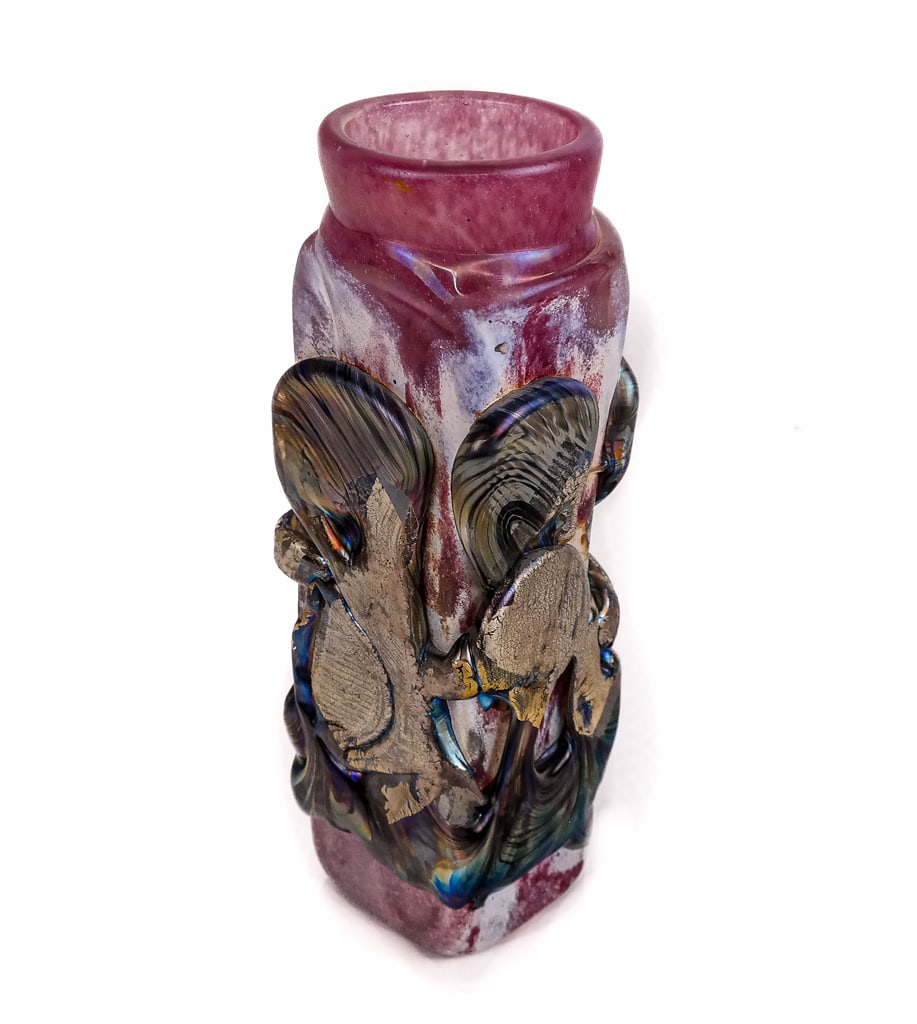 Jean Claude NOVARO Art Glass Vase: Jean-Claude Novaro (French, 1943 - 2013) art glass vase, 1990, with iridescent accents, signed J.C. Novaro and dated to base. [10.5" H x 3" Square]. Condition is good.