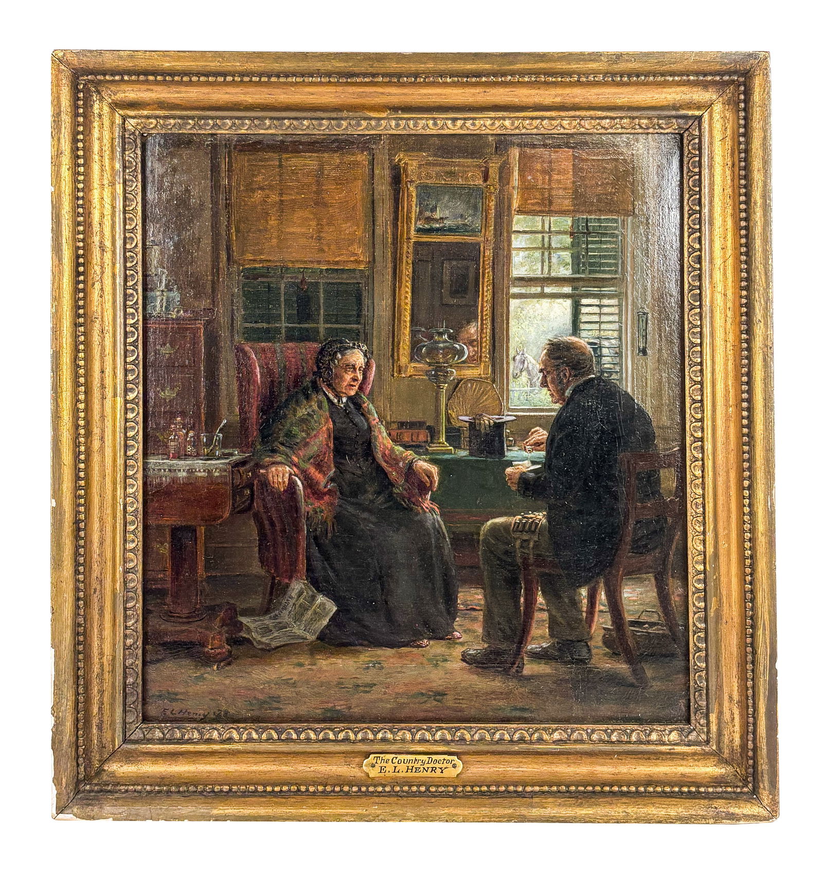 Edward LAMSON HENRY "Country Doctor" Oil on Canvas: Edward Lamson Henry (1841-1919) "The Country Doctor", 1874, oil on canvas figural genre painting of a woman and a doctor, dated and signed E.L. Henry to lower left, and with a title plaque affixed to