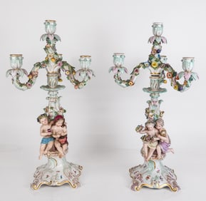 Meissen Pair of Flower Encrusted Figural Candelabra