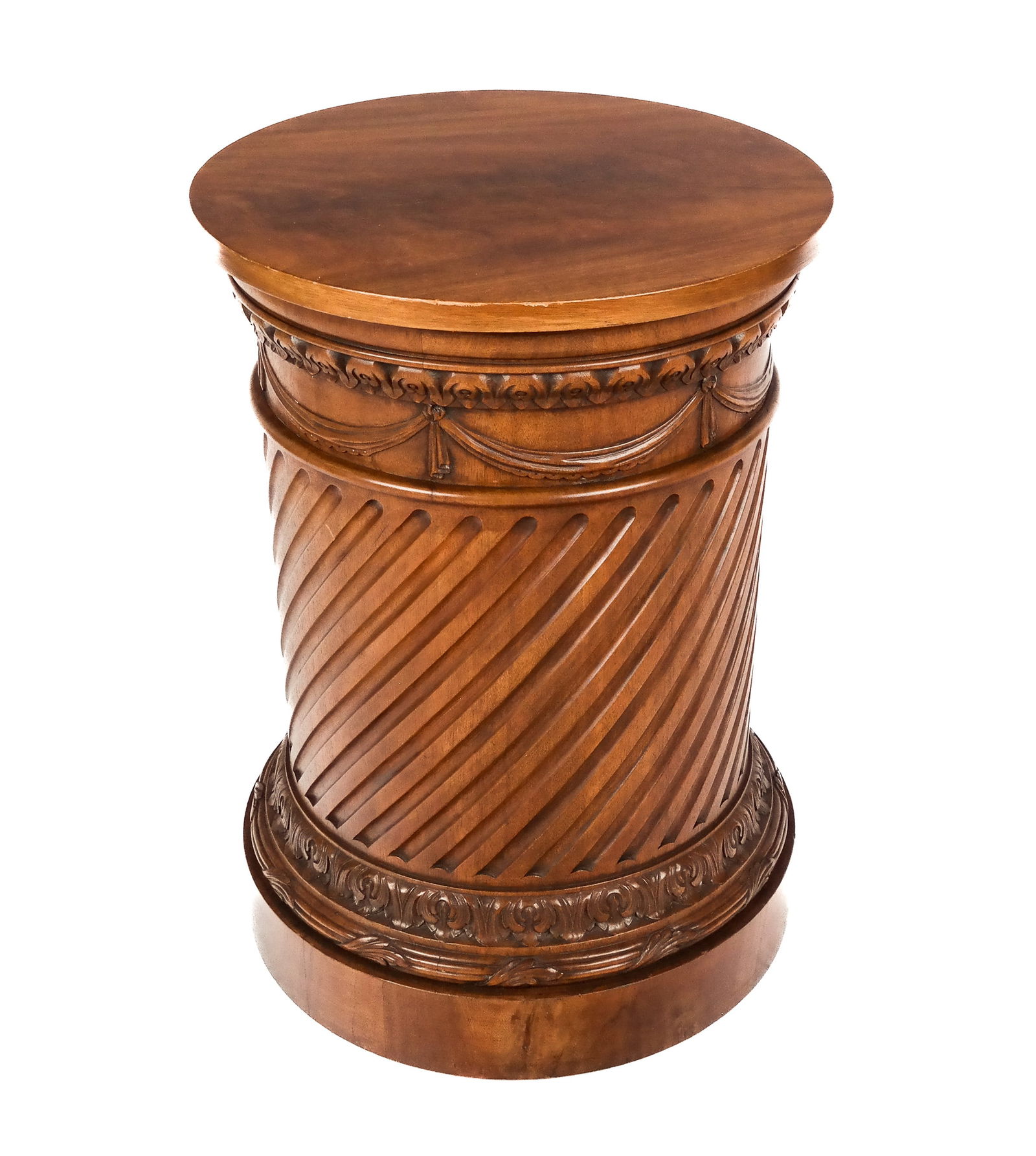 Antique Carved Mahogany Pedestal: Antique carved mahogany pedestal, 19th century, with carved laurel and swag decoration and a carved helical flute. [28.5" H x 20" Diameter]. Condition is good with a crack to one side and other minor