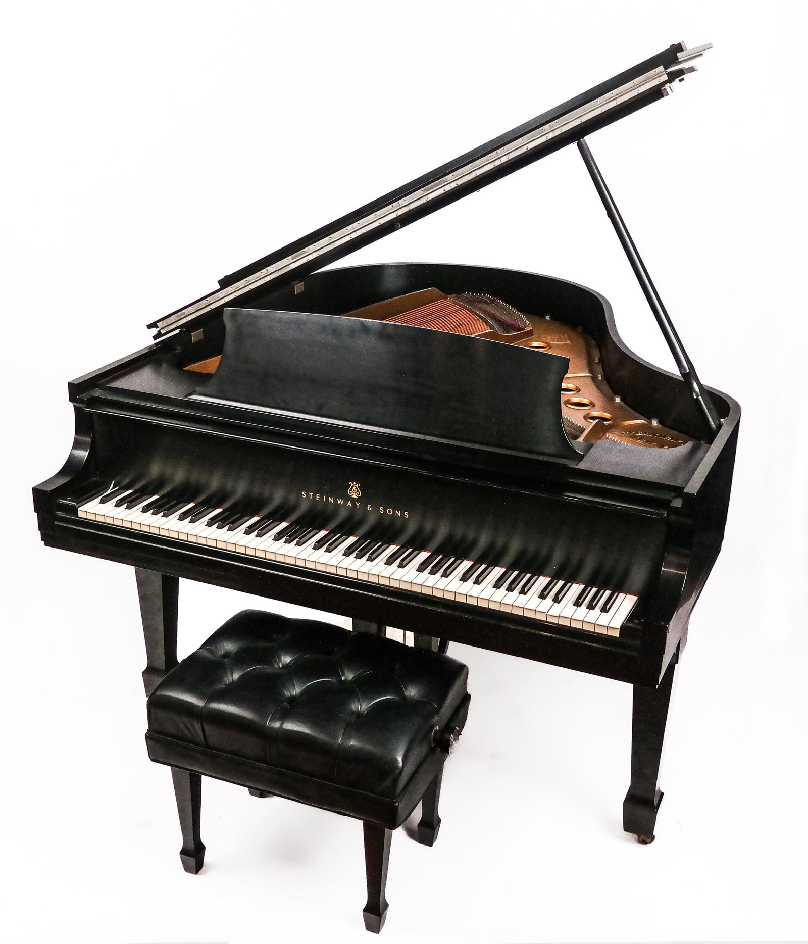 Steinway and Sons Model M Baby Grand Piano & Bench: Steinway and Sons Model M baby grand piano, 1965, with an ebonized wood case, and three pedals, accompanied by a tufted leather concert style bench, serial number 390784; keyboard stamped V187. [Piano