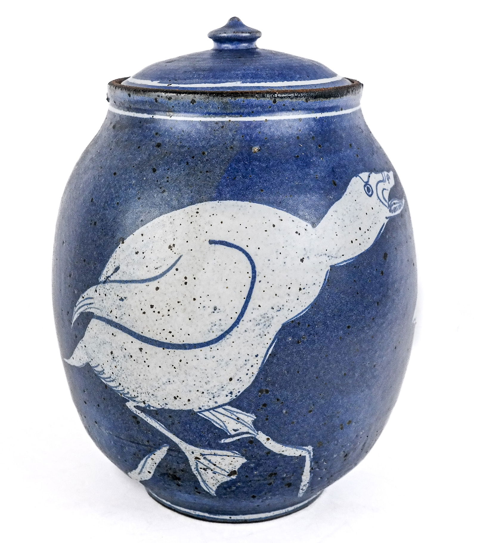 Japanese Stoneware Covered Cannister: Japanese stoneware covered cannister, possibly 19th century, with hand-painted decoration of two ducks, unmarked. [12" H x 9.5" Diameter]. Condition is good with a hairline crack to one side and minor