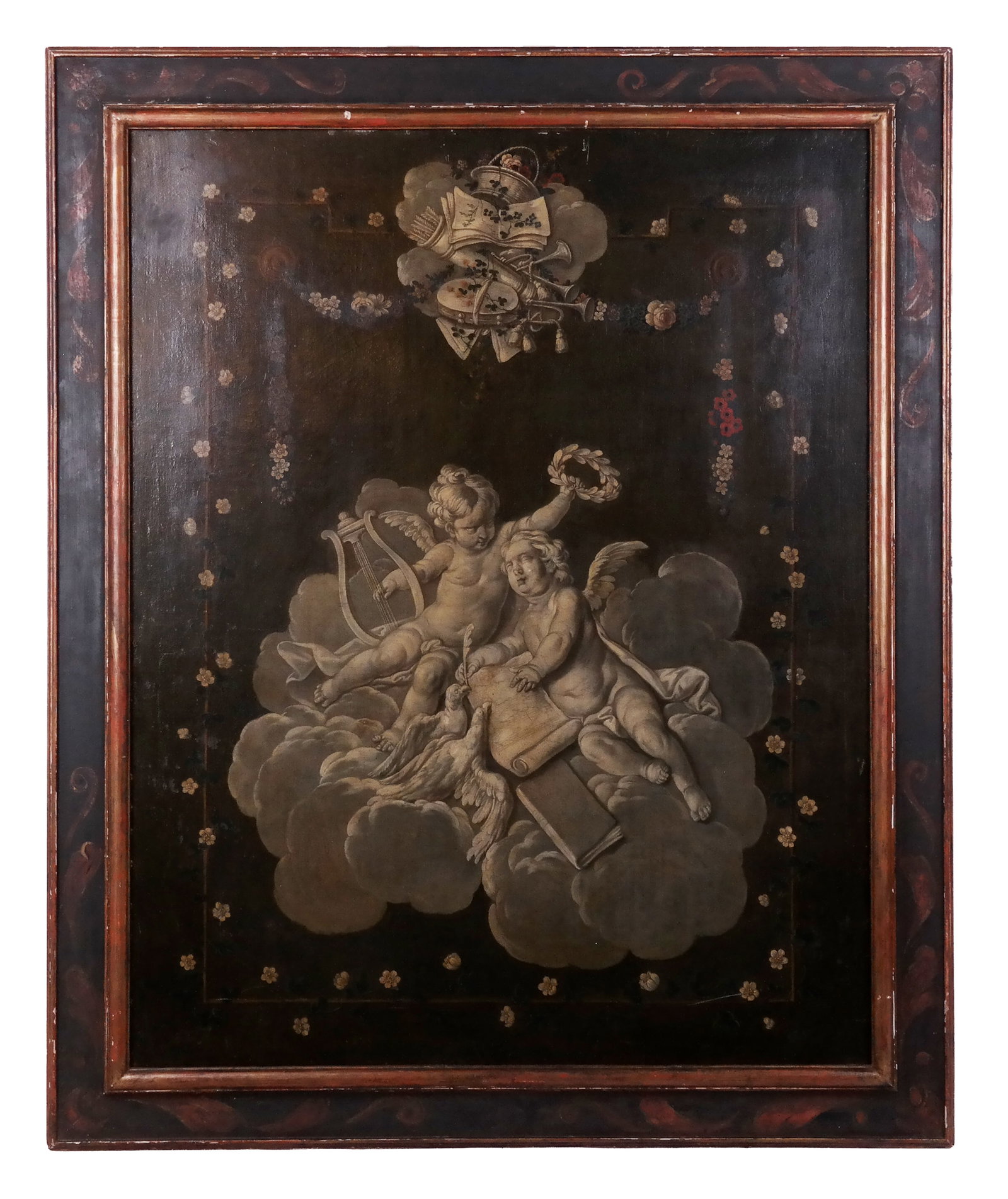 Large Antique Grisaille Oil Painting: Grisaille oil painting depicting an arrow and quiver and book and trumpet group, above two putti riding a cloud with harp and doves, with valance designs, and a floral and vine border, in a later pain