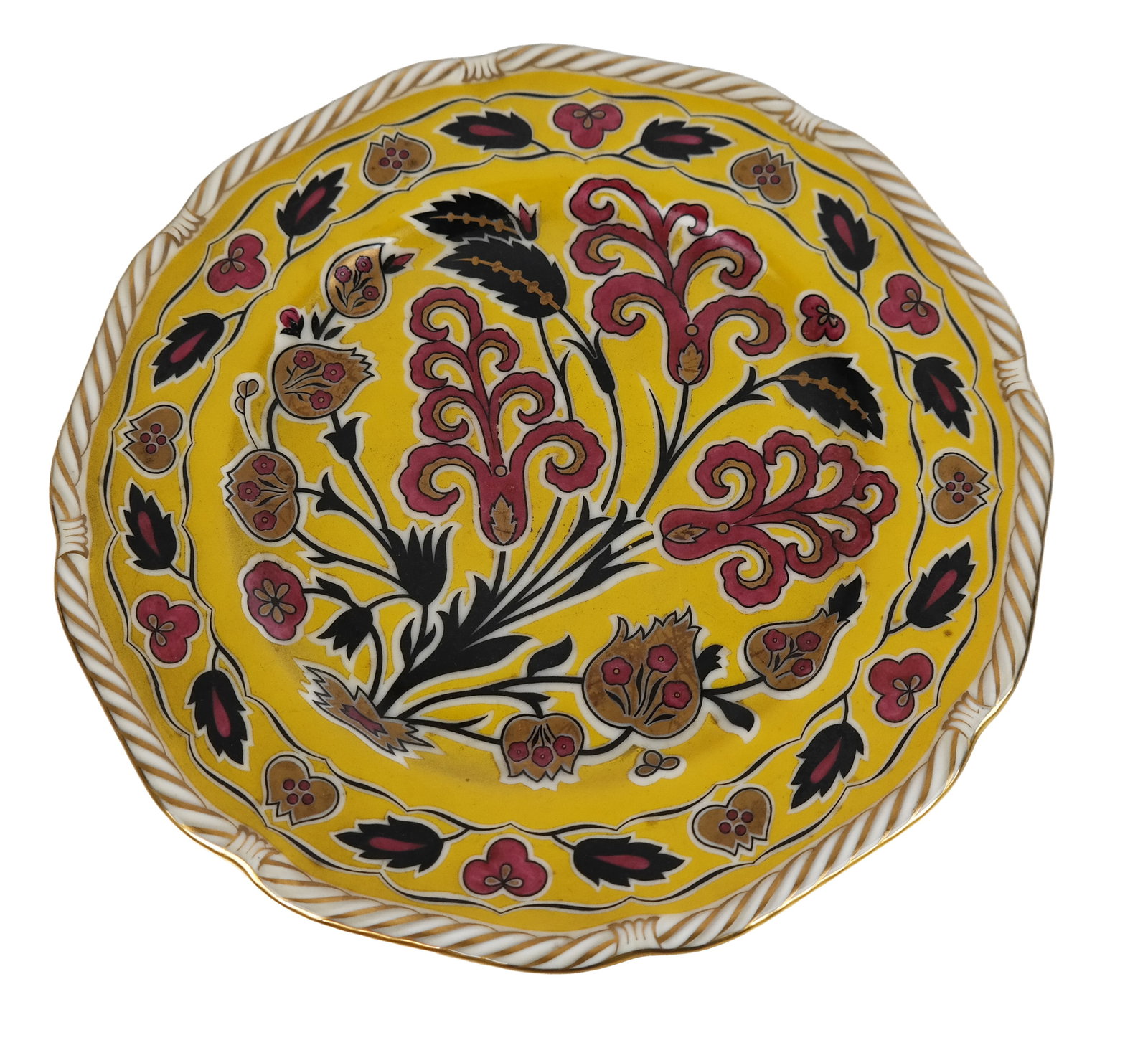 Set Of 12 Black Knight Place Plates: Set of twelve Black Knight red and black floral on yellow ground place plates with gilt gadroon trim. [9.25" Diameter].