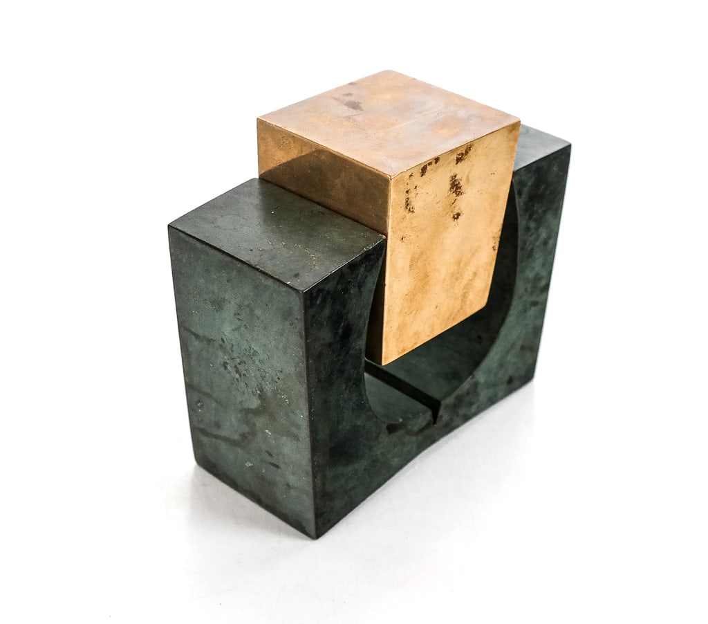 Oded Halahmy "Forthright" Bronze Sculpture: Oded Halahmy (Israeli, b. 1938) "Forthright" abstract bronze sculpture in two parts, editioned to upper and lower, 27/300, and signed Oded Halahmy. [4" H x 4" W x 2" D]. Condition is good with some we