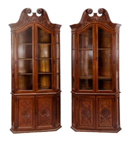 Horner Pair Victorian Carved Oak Corner Cabinets