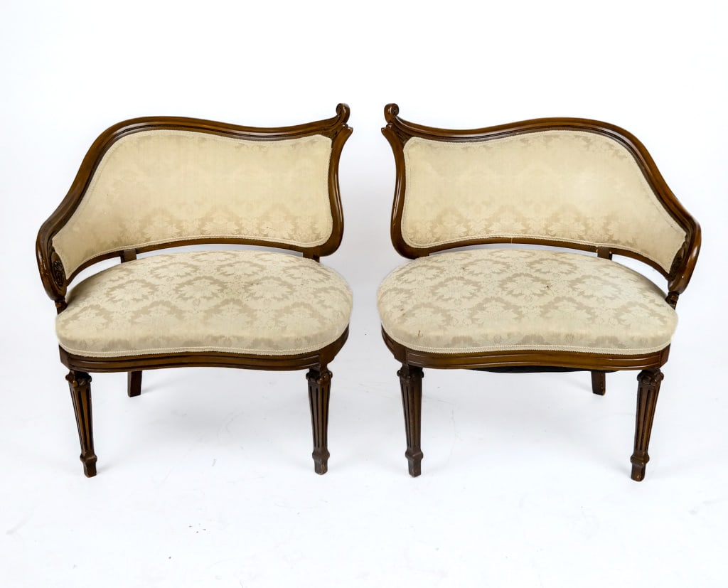 Pair of Louis XVI Carved Tet-a-Tet Marquises: Pair of Louis XVI carved and stained tet-a-tet marquises, late 20th century. 31" H x 28" W x 22" D, 16.5" Height to seat]. Overall condition is good/fair, stains to fabric, and losses to wood, with sc