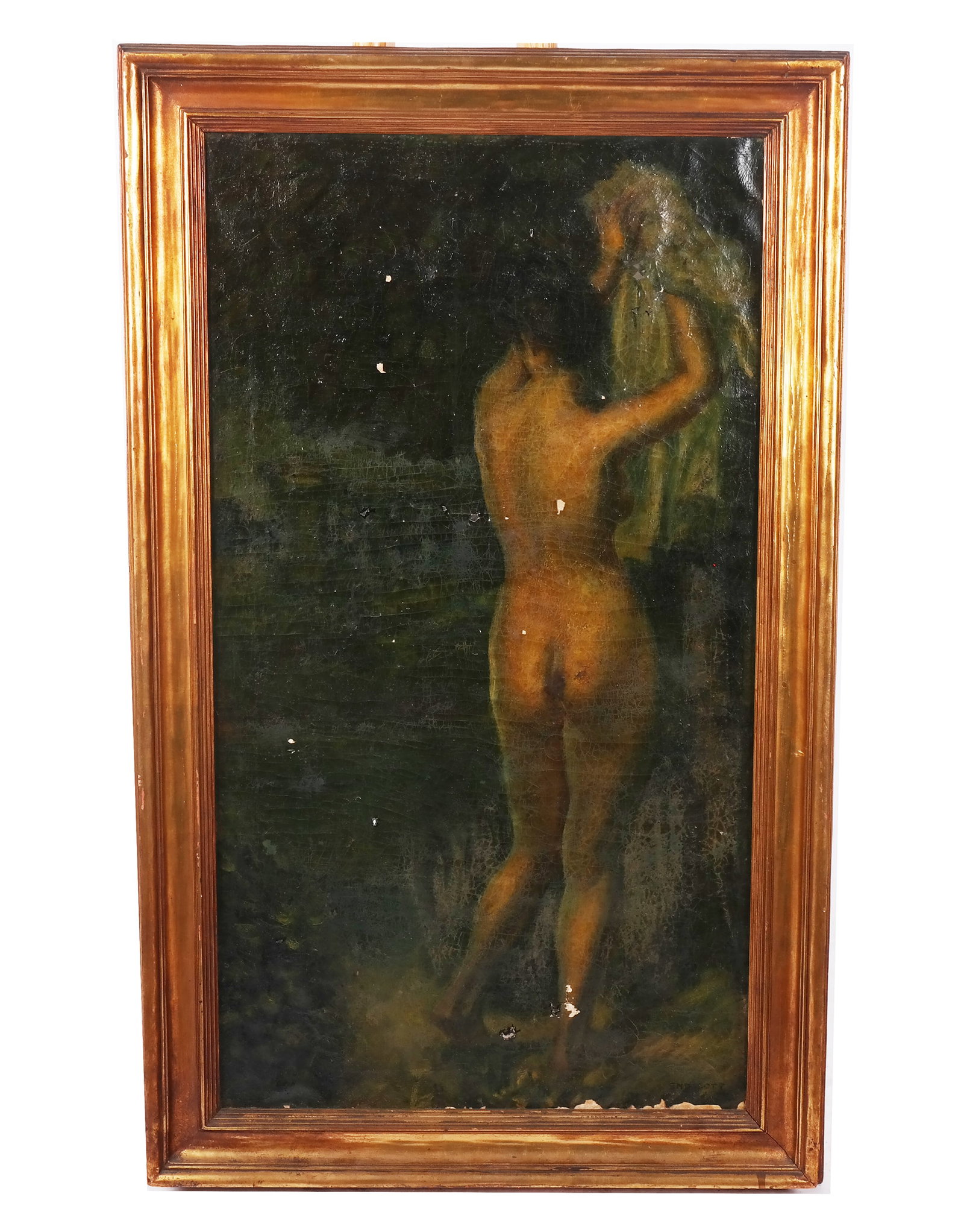 ENDICOTT: Study of Nude Woman - Painting: Endicott study of a nude woman, signed lower right. [Art: 36" H x 20" W; Frame: 42" H x 25 1/2" W]. Losses; holes; tape on canvas verso.
