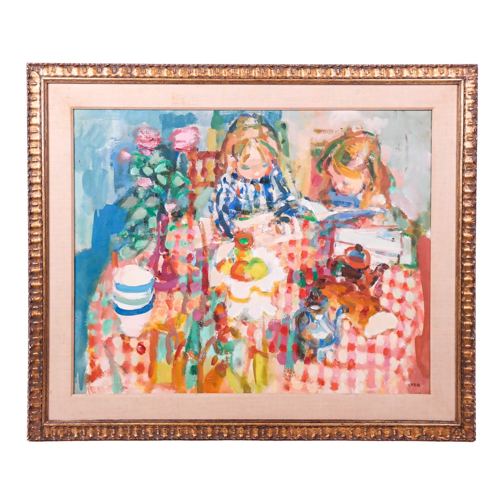 Jean EVEN: Figures at a Table - Painting: Jean Even gilt-framed oil on canvas depicting an Impressionist scene of children at a table. [Art: 25 1/2" H x 32" W; Frame: 33" H x 39 1/2" W]. In good condition.