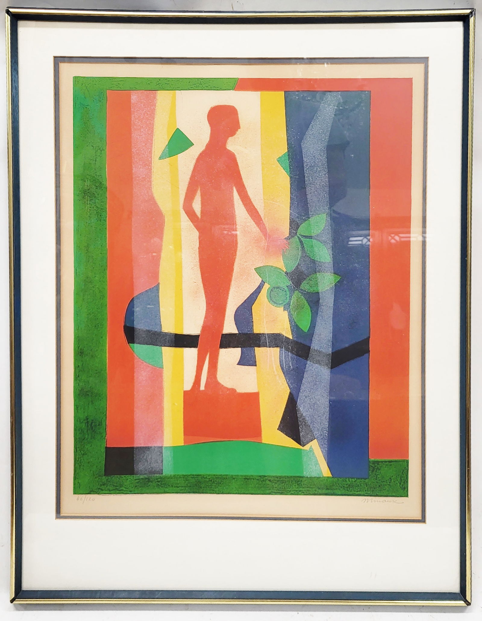 Andre MINAUX: Young Girl - Lithograph, Ed. 60/120: Lithograph of a young girl through a window, in red and blue. Edition 60/120. [Art: 26" H x 21" W; Frame: 36 1/2" H x 29 1/2" W]. In good condition.