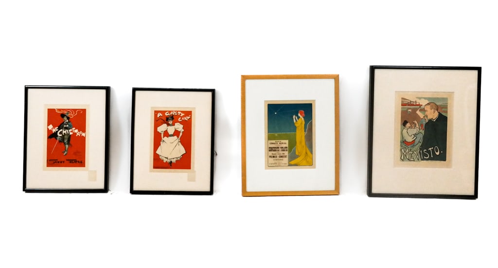 4 Vintage French Theatre Posters: Group of 4 Vintage French Theatre Posters, including: a pair of posters designed by Dudley Hardy, titles include "A Gaiety Girl" and "The Chieftain"; an Art Nouveau-style "Concerts Ysaye" poster desig