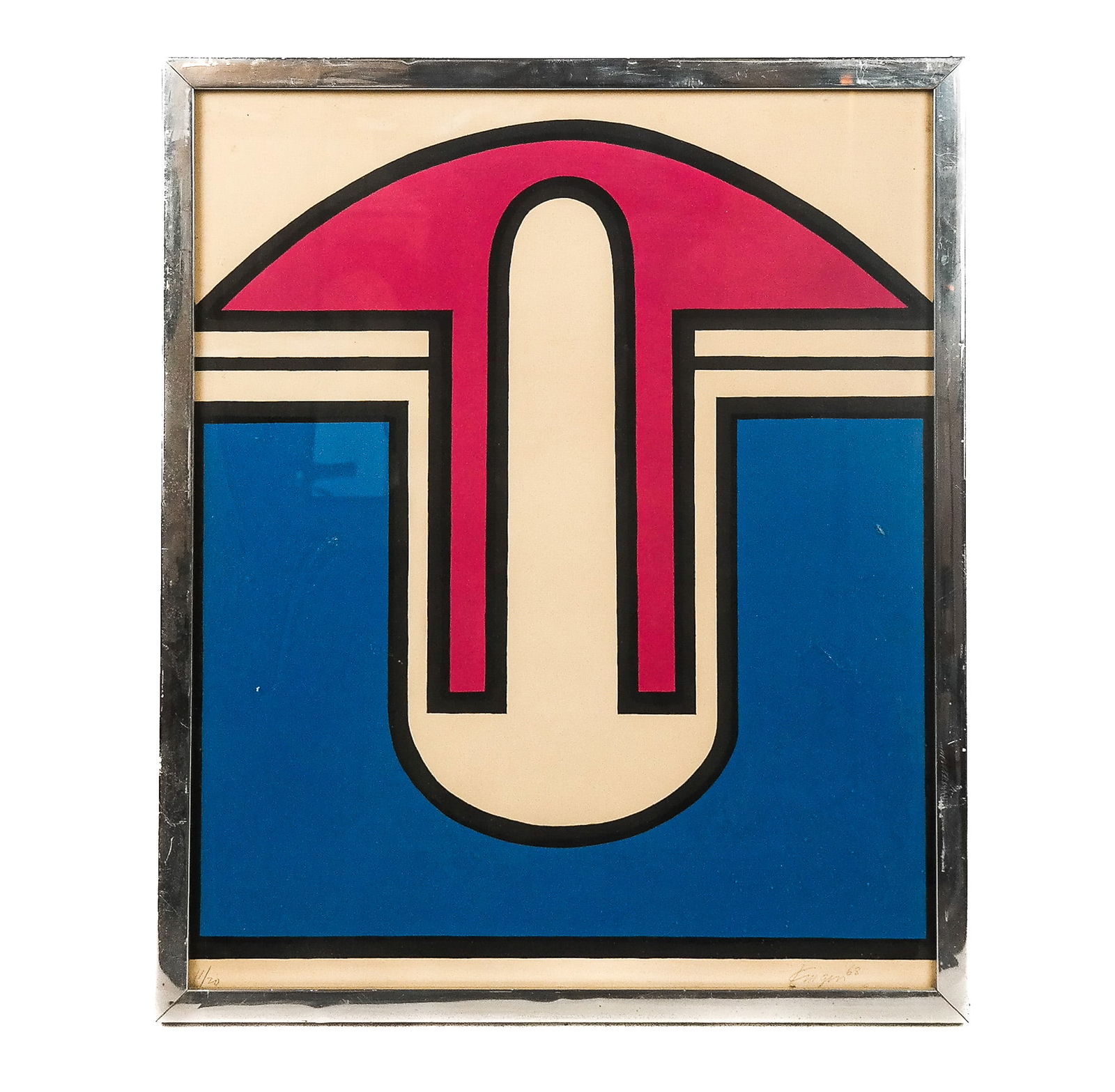 Michael KNIGIN Abstract Lithograph: Michael Knigin (American, 1942-2011) red, white and blue abstract, lithograph, signed, numbered and dated lower margin "1/2 Knigin 68]. [Sight: 23.5" H x 19.25" W]. Overall condition is good, paper fa