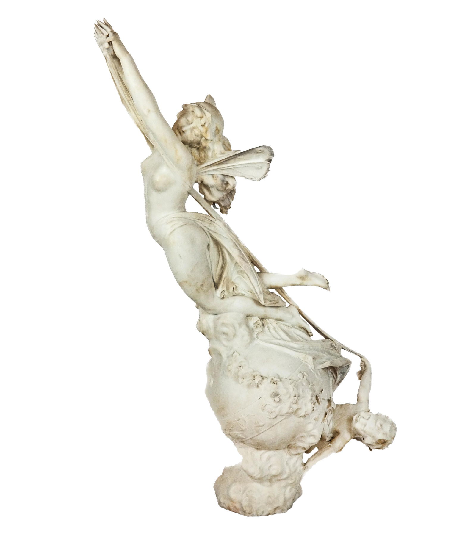 Dante ZOI Art Nouveau White Marble Sculpture: Dante Zoi (Italian, Florence, 1880-1920) Art Nouveau white marble figural sculpture of a fairy in flight over a cloud surrounded sphere with astrological decoration and a cherub with butterflies, sign