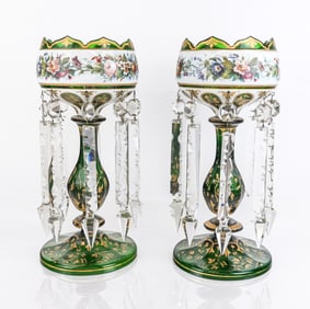 Pair Bohemian Green Glass Lustres