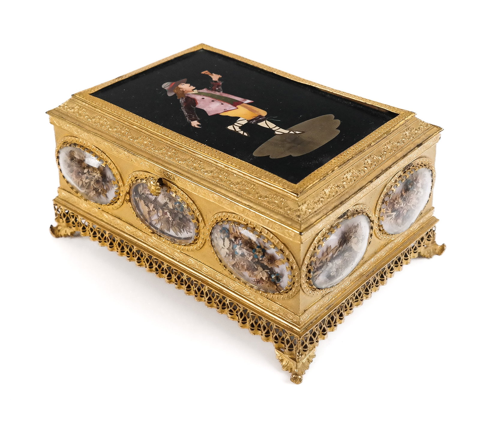 Victorian Inspired Pietra Dura and Gilt Metal Jewel Box: Victorian inspired pietra dura and gilt metal jewel box, 20th century, the gilt metal box with inset pietra dura plaque top depicting a gent dancing with a wine glass, the sides set with dried flowers