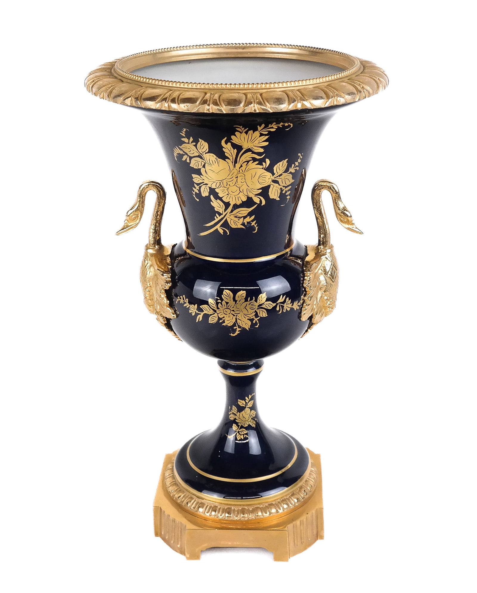 French Empire Porcelain and Gilt Bronze Urn: French Empire cobalt blue and gilt floral decorated urn with bronze dore mounts, 20/21st century, accented with swan form handles. [12.5" H x 7.5" Diameter]. Overall condition is good, with signs of n
