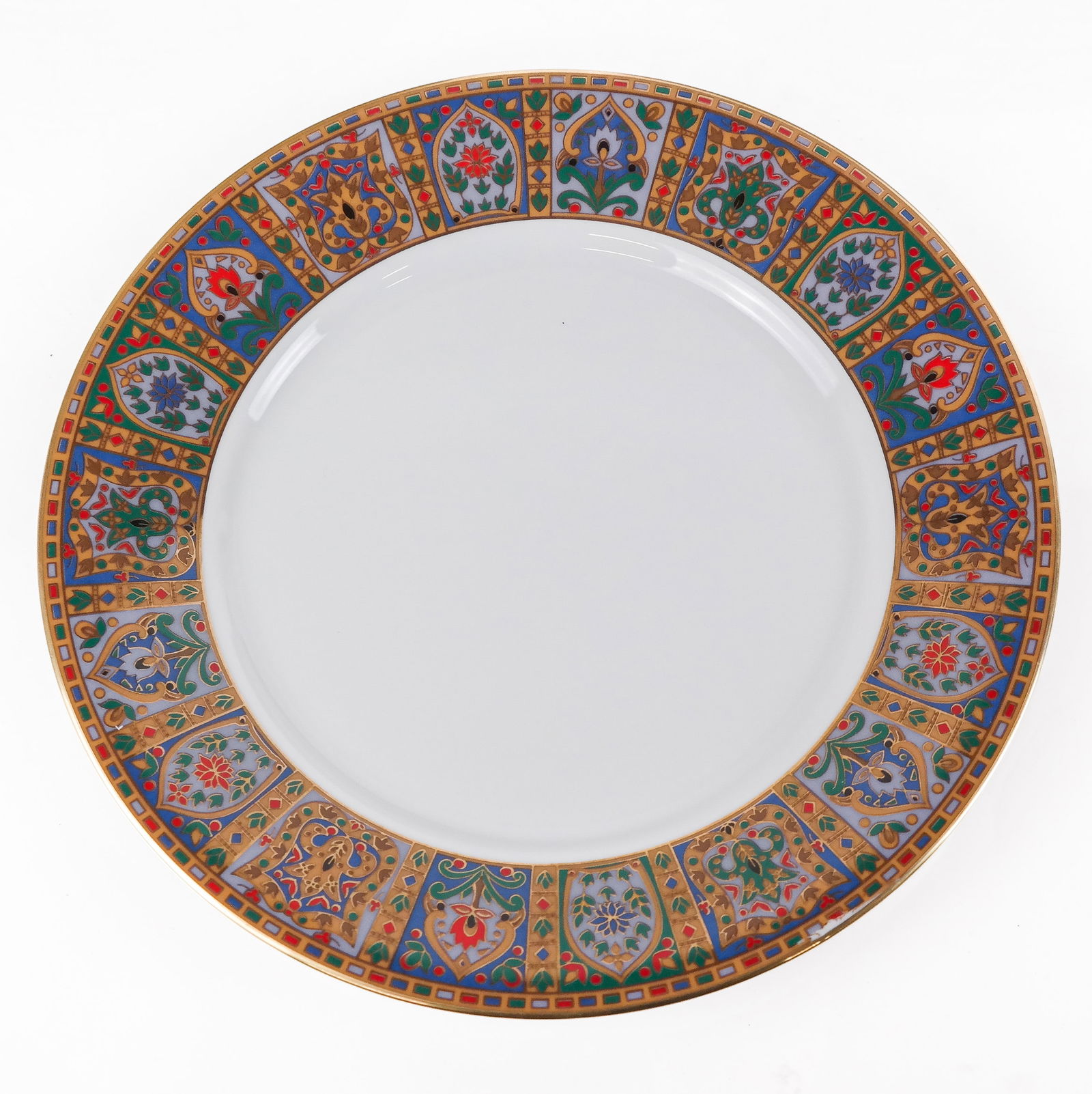 Muirfeld "Bombay" Part Dinner Service, 31: Muirfeld "Bombay" partial porcelain dinner service, the border with Persian inspired floral motif in shades of blue, lavender, red, green, and camel with gilt highlights, comprising 13 dinner plates [