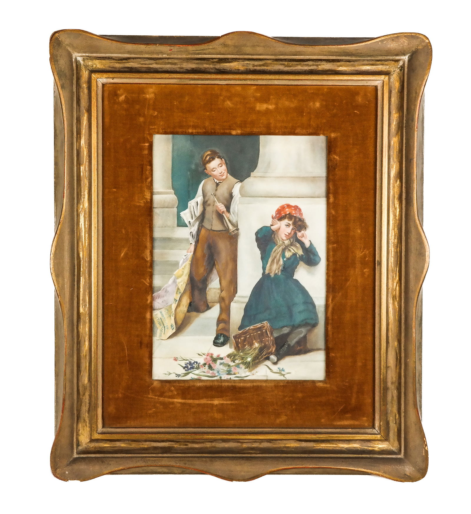 Hand-Painted Porcelain Plaque: Framed hand-painted porcelain plaque depicting a boy with horn harassing a girl with flower basket, 20th century, marks to reverse impressed 23 - 32 and pencil. [Sight: 12" H x 8.5" W, Frame: 22" H x
