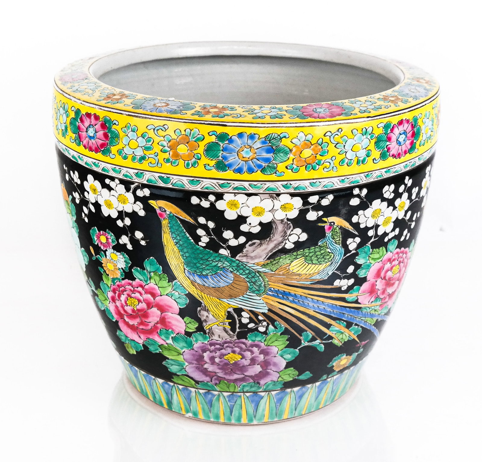 Chinese Famille Noir Jardiniere: Chinese Famille Noir jardiniere, 20th century, with hand-decorated floral and bird design, unmarked. [11" H x 12" Diameter]. Condition is good. Property from a Kings Point, NY Estate.