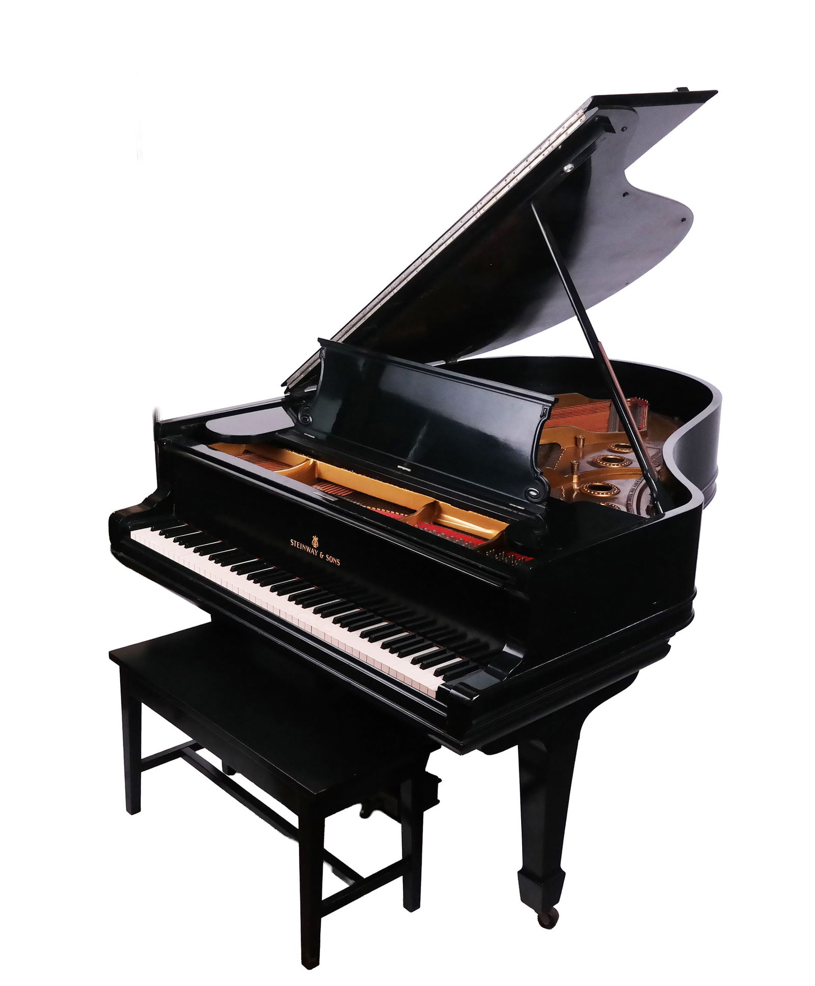 Steinway Model A 85 Key Baby Grand Piano, 2: Steinway Model A baby grand piano, 1887, with a black case, 85 keys, and with a later bench, serial number 60469, marked Steinway & Sons to outer with additional marks to inner at frame, with serial n