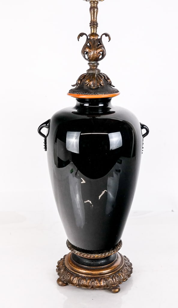 Venetian Glass Vase as a Lamp: Venetian black glass vase with orange to lip, 20th century, later mounted as a lamp with gilt metal. [To finial: 19.5" H x 7.25" Diameter]. Condition is good; wiring cut.