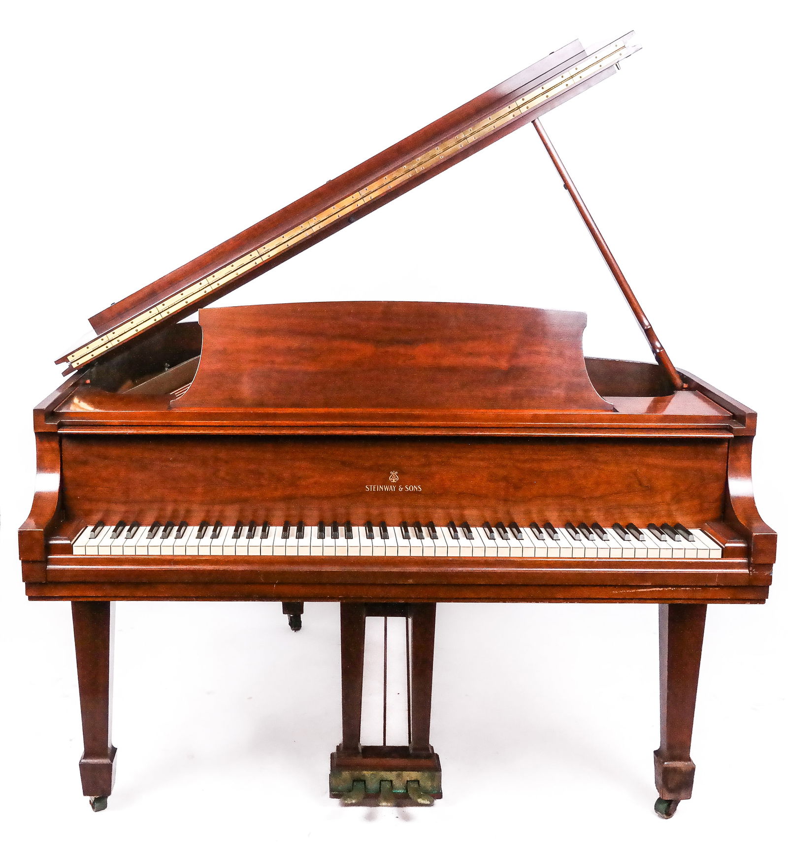 Steinway and Sons Model S Baby Grand Piano: Steinway and Sons Model S baby grand piano, 1950, with a walnut case, 88 keys, and accompanying bench; serial number 333732. [38.5" h x 55.5" W x 61" D]. Condition is good with minor wear to case, sca