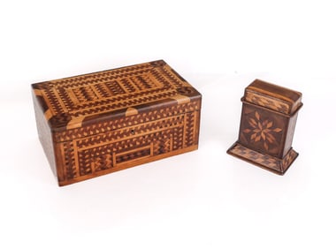 Marquetry Inlaid Jewelry Box and a Match Safe
