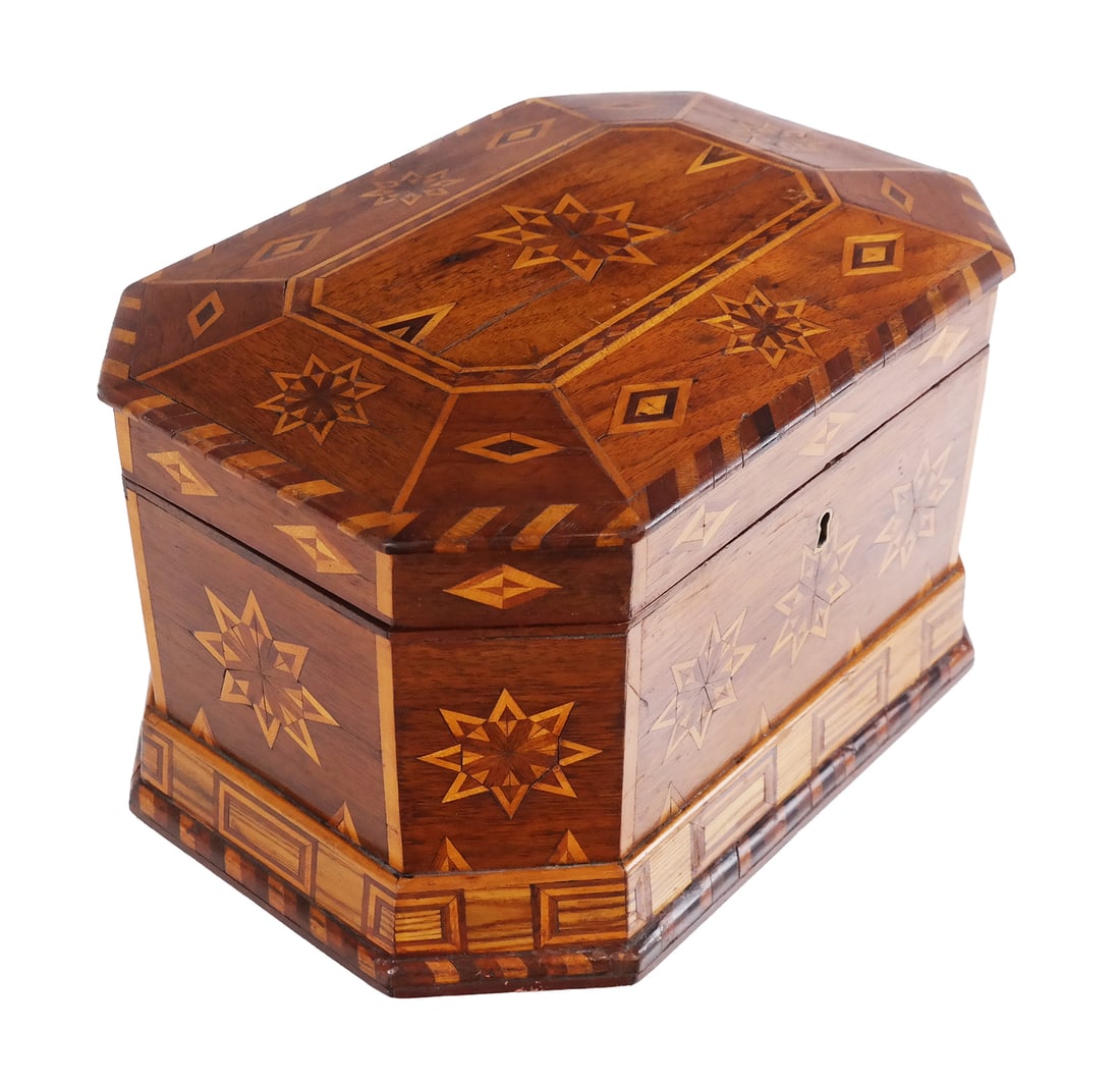 Inlaid Wood Jewelry Box: Inlaid wood jewelry box, 19th/early 20th century, in an octagonal form with a velvet lined interior with a removeable tray. [8" H x 13" W x 9.5" D]. Condition is good with wear and lifting to outer, m