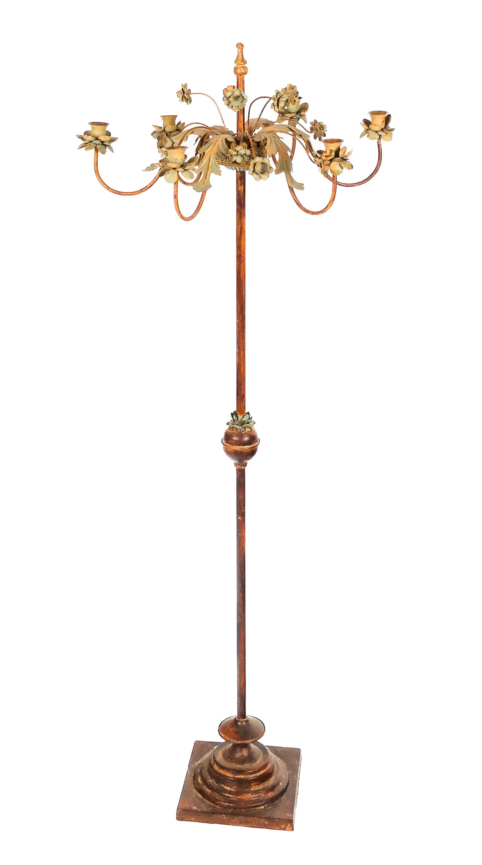 Tole-Painted Six-Light Candelabra: Tole painted six-light candelabra, 20th century, with floral decorated arms. [53" H x 20" Diameter]. Condition is good.