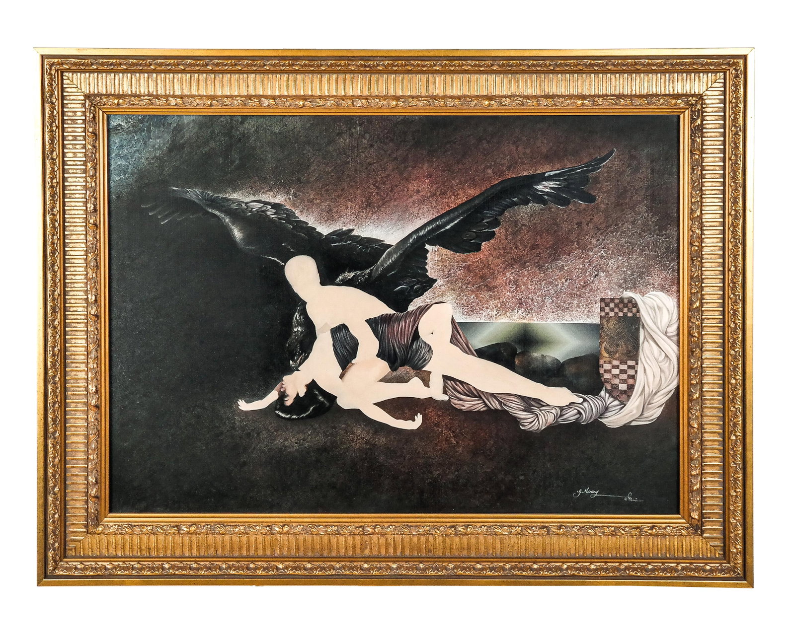 Gabriel MEIRING: Mythological Scene - Mixed Media: Gabriel Meiring (South African, b. 1946) mixed media on panel work depicting a surrealist mythological scene of a winged figure and a female nude, signed lower right, dated 1984. [Art: 19" H x 27" W; 