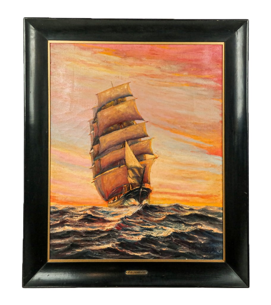 Fred JENNINGS: Clipper Ship Sunset - Oil on Canvas: Fred G. Jennings (20th Century) oil on canvas seascape depicting a clipper ship sailing amongst a glowing sunset with waves in heavy impasto, signed lower right. Artists plaque mounted to frame. [Sigh