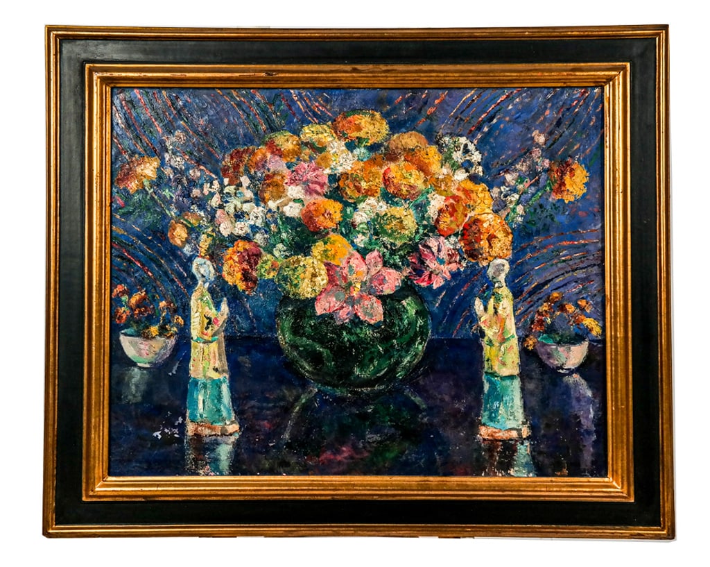 Henry Rutgers BEEKMAN Flowers Oil on Canvas: Henry Rutgers Beekman (American, 1880-1938) Table Still Life with Flowers and Porcelain Figures, signed on verso canvas "H R Beekman 38276 33", oil on canvas. [Art: 26" H x 22" W, Frame: 28.5" H x 32.
