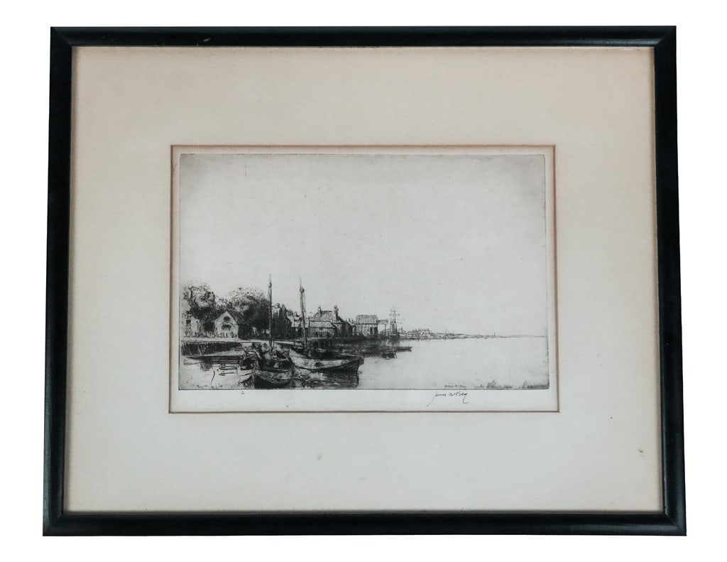 James McBEY: "Wells on Sea" (1915) - Etching: James McBey (Scottish, 1883-1959) black and white etching depicting a Norfolk village coastal scene titled "Wells on Sea". Hand-signed lower right and within-the-print, titled and dated within-the-pri