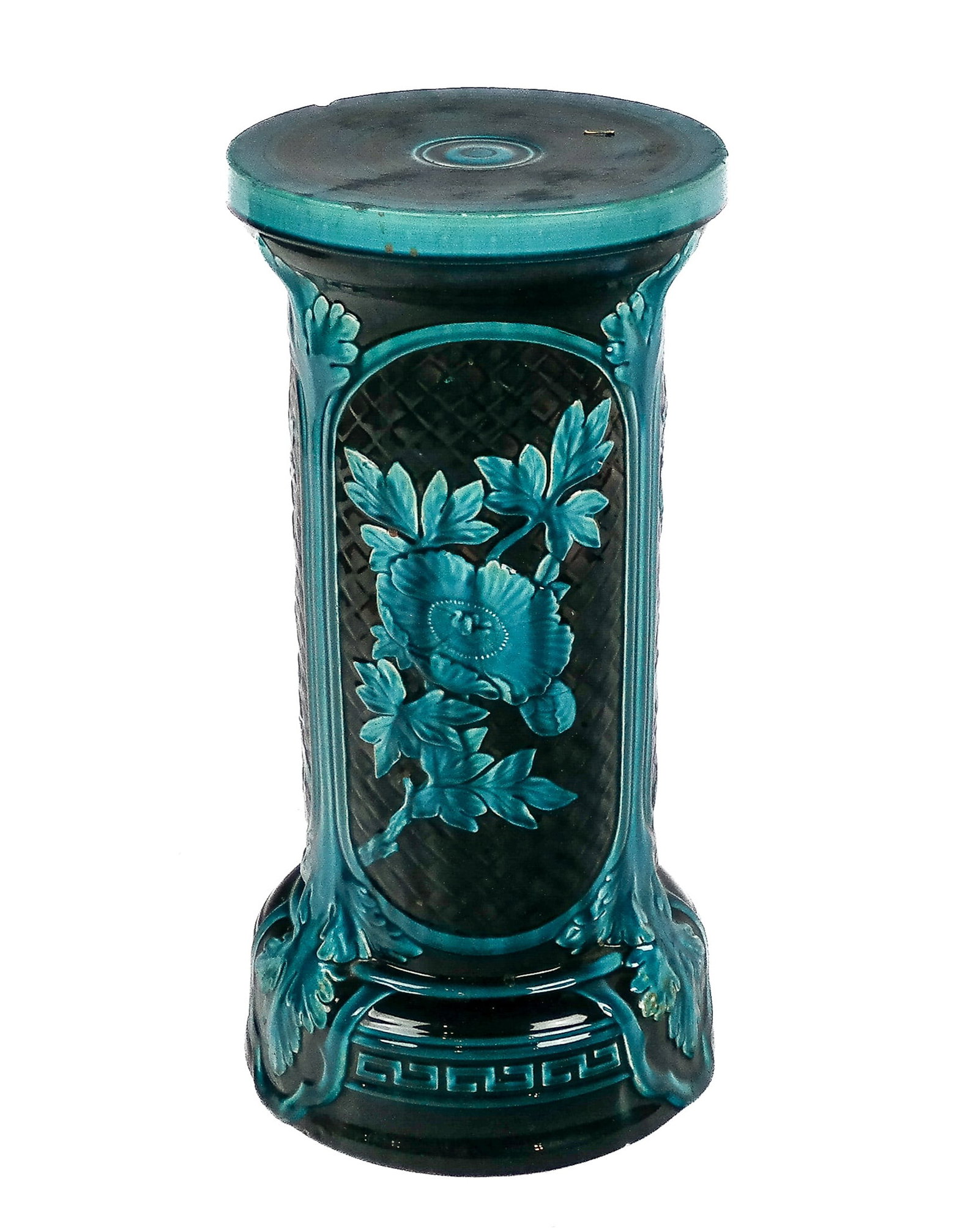 Bretby Ware Art Nouveau Majolica Pedestal: Bretby Ware Art Nouveau pedestal, English, late 19th century, with a majolica finish and floral decoration, marked Bretby to interior. [24" H x 12" Diameter]. Condition is good with scratching to uppe