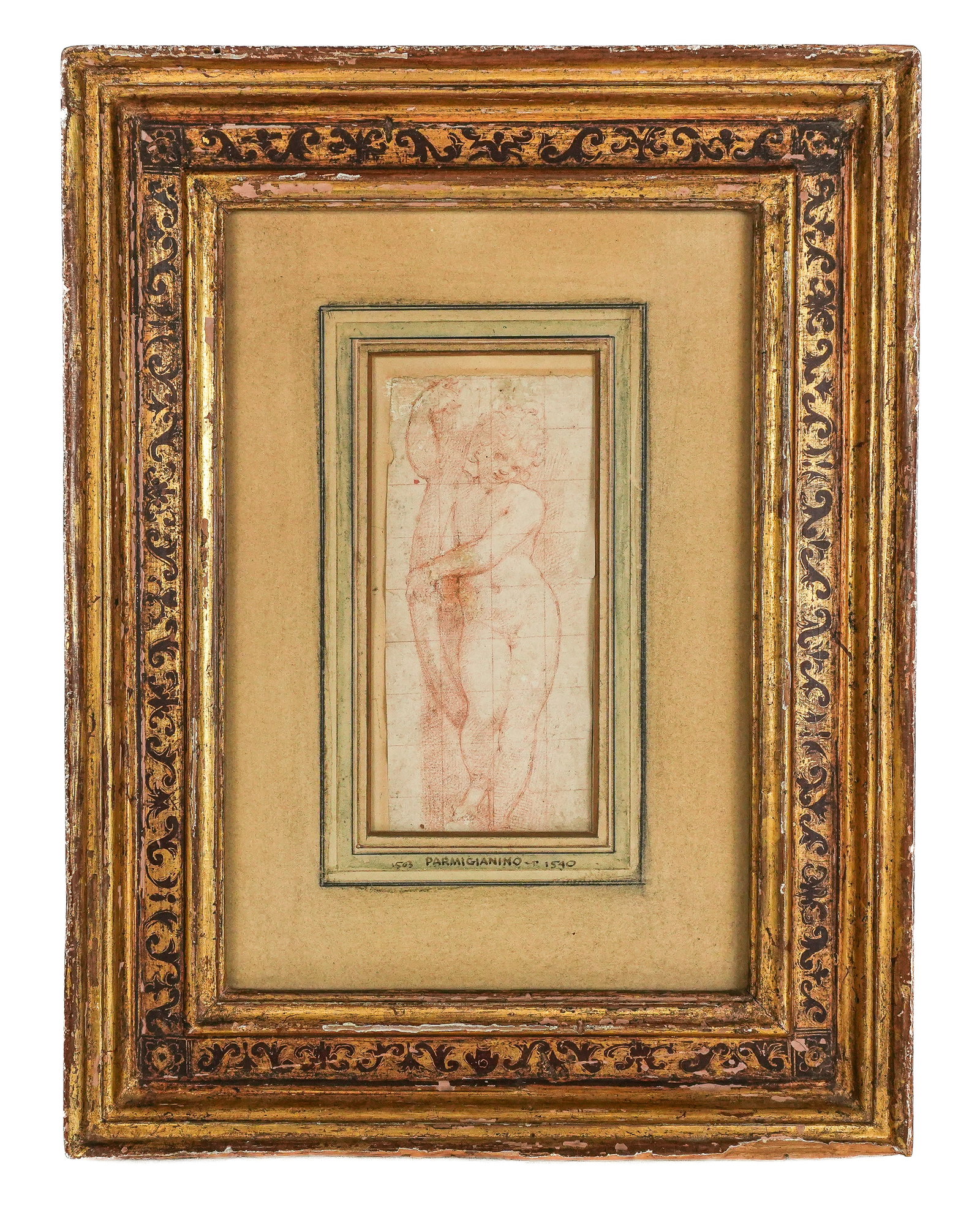 Francesco (PARMIGIANINO) Mazzola Chalk on Paper: Girolamo Francesco Maria Mazzola or Parmigianino (Italian 1504-1540) study for a young standing male nude, red chalk on cream paper, in a frame, marked Parmigianino to matte with date artist's birth a