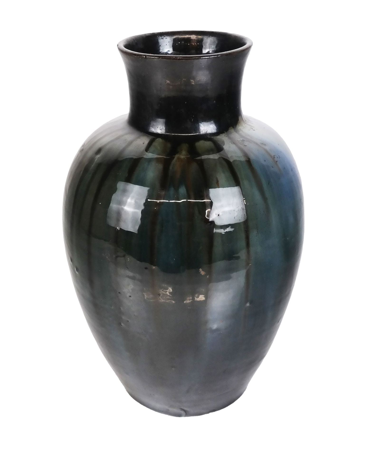 Bavent Earthenware Vase: Bavent France earthenware vase, 19th to early 20th century, with semi-iridescent glaze, marked J.S. Bavent at base. [13.5" H x 9.5" Diameter]. Condition is good with a chip to rim.