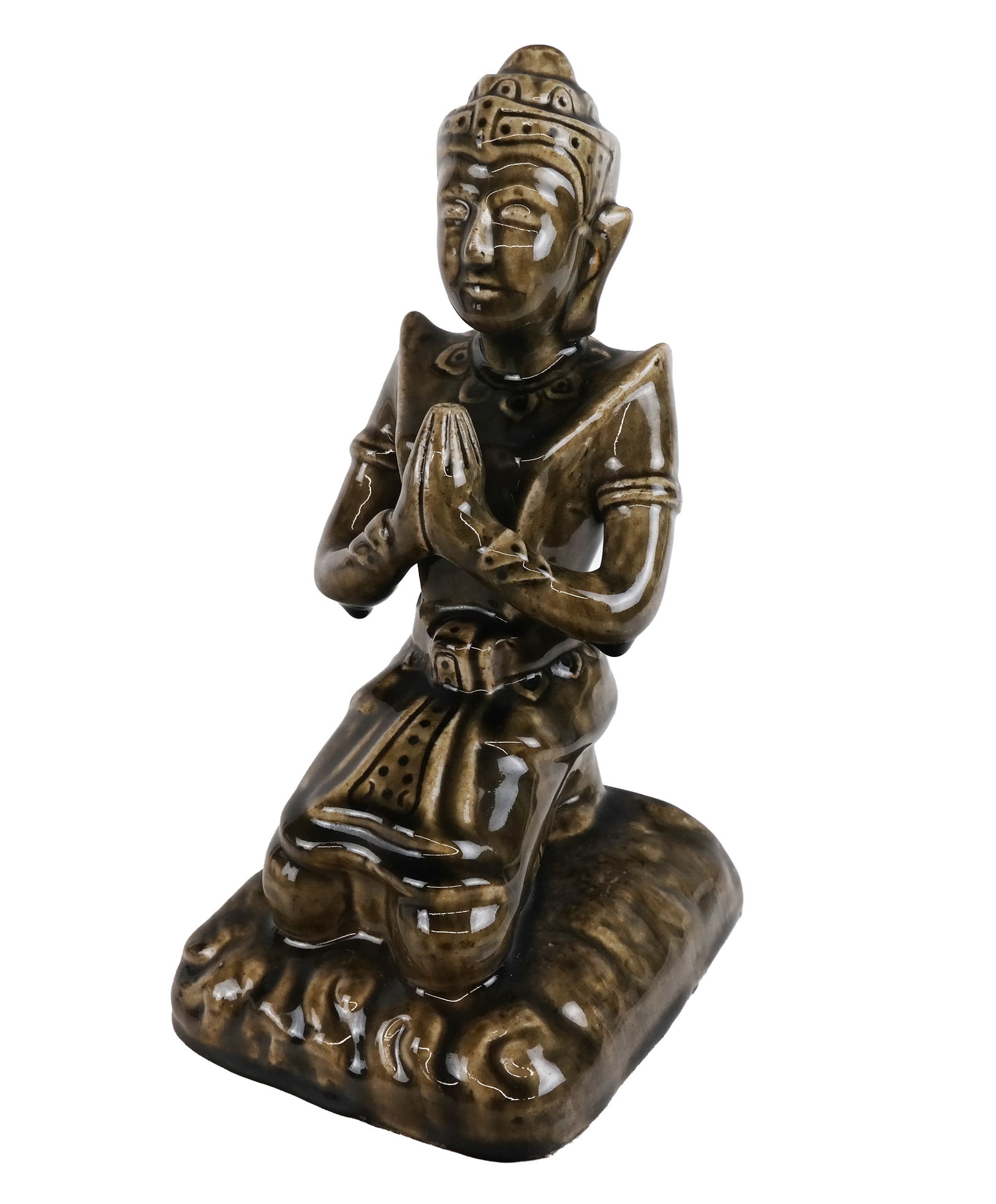Ceramic Figure of a Kneeling Buddha: Ceramic figure of a kneeling Buddha in Namaskara Mudra, unmarked. [12" H x 6" W x 6.5" D]. Condition is good.